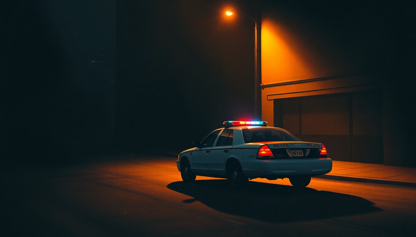 A serene, cinematic painting of a solitary police car parked on a dimly lit street, with warm sunlight and deep shadows creating a pensive, nostalgic mood that reflects the uncertain situation faced by the former officer.