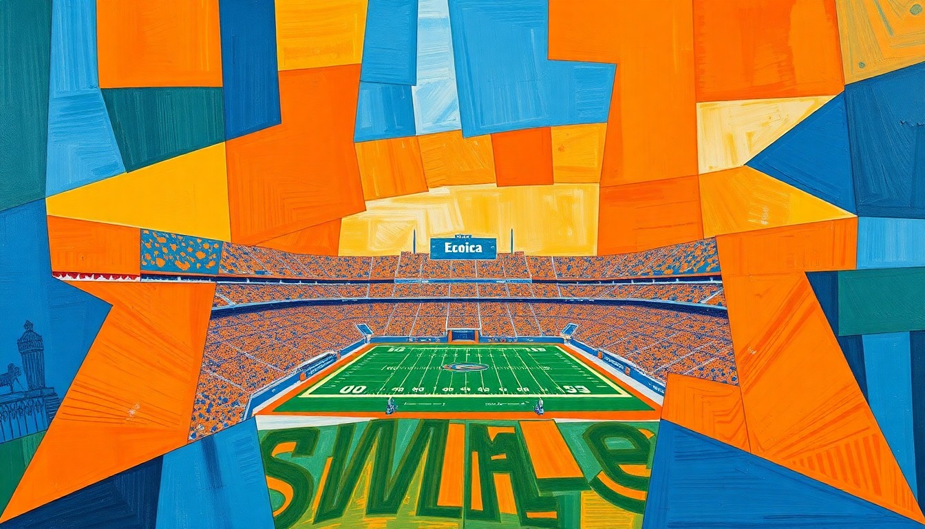 A cubist, geometric painting featuring overlapping planes of orange and blue, conceptually representing the renovation of the University of Florida's football stadium, The Swamp.