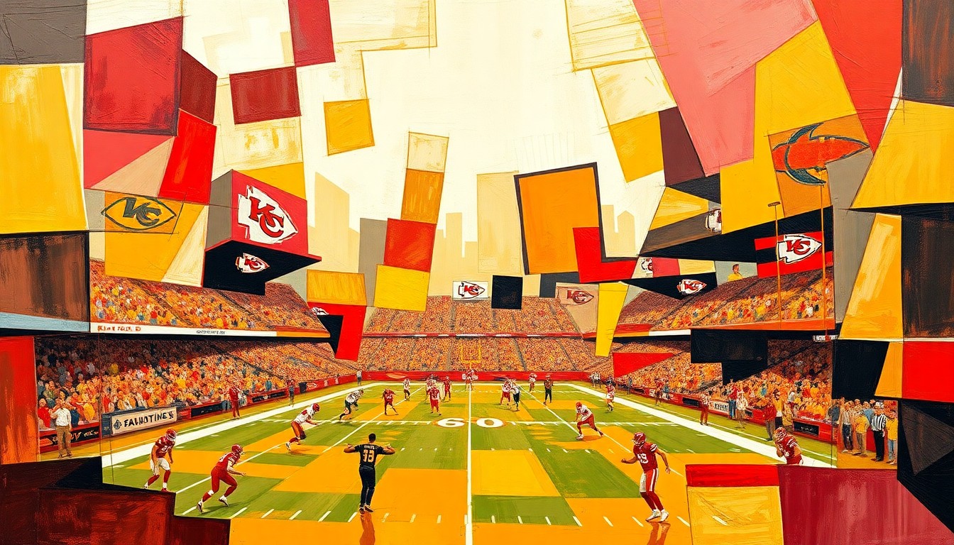 A cubist, geometric painting in the Chiefs' team colors of red, gold, and white, depicting a fragmented, multi-angled view of a football game or match, representing the team's efforts to rebuild its defensive backfield.