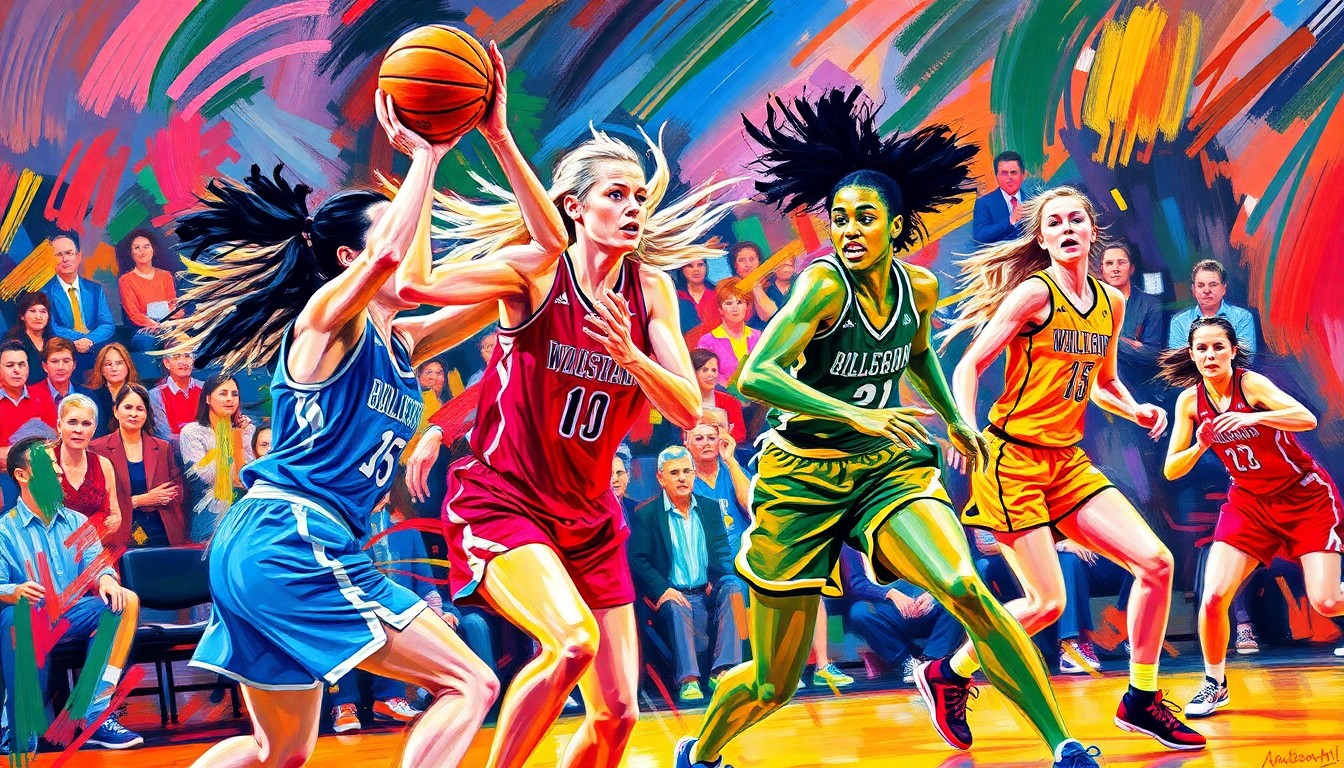 An abstract, energetic painting in bright neon colors, with rapid brushstrokes capturing the dynamic movements and raw emotion of a women's college basketball game.