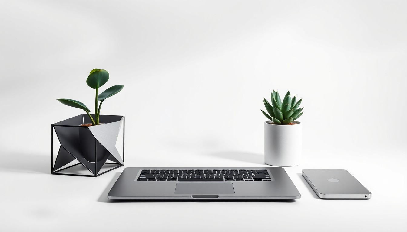 A minimalist, high-end studio still life photograph featuring a sleek laptop, geometric desk organizer, and potted plant, conveying the sophisticated, technology-driven culture at Calix.