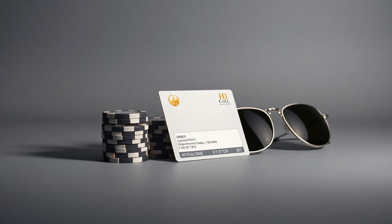A minimalist studio still life photograph featuring a stack of casino chips, a hotel room key card, and a pair of sunglasses arranged elegantly on a clean, monochromatic background, conceptually representing the corporate strategy and hospitality offerings of Caesars Entertainment's new summer package.
