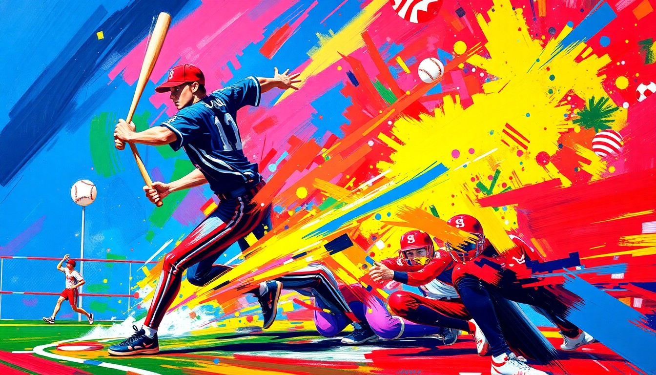 An abstract, energetic painting using bold, neon-colored brushstrokes to depict the dynamic movements and competitive spirit of high school sports.