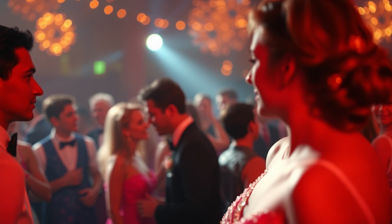 An abstract, impressionistic photograph of a prom scene, with blurred figures and soft, warm lighting creating a dreamlike, atmospheric mood.