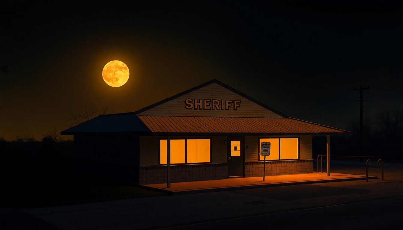 A dimly lit, cinematic painting of an empty county sheriff's office at night, with warm diagonal moonlight and deep shadows, conveying a sense of solitude and uncertainty about the future of the elected sheriff role.