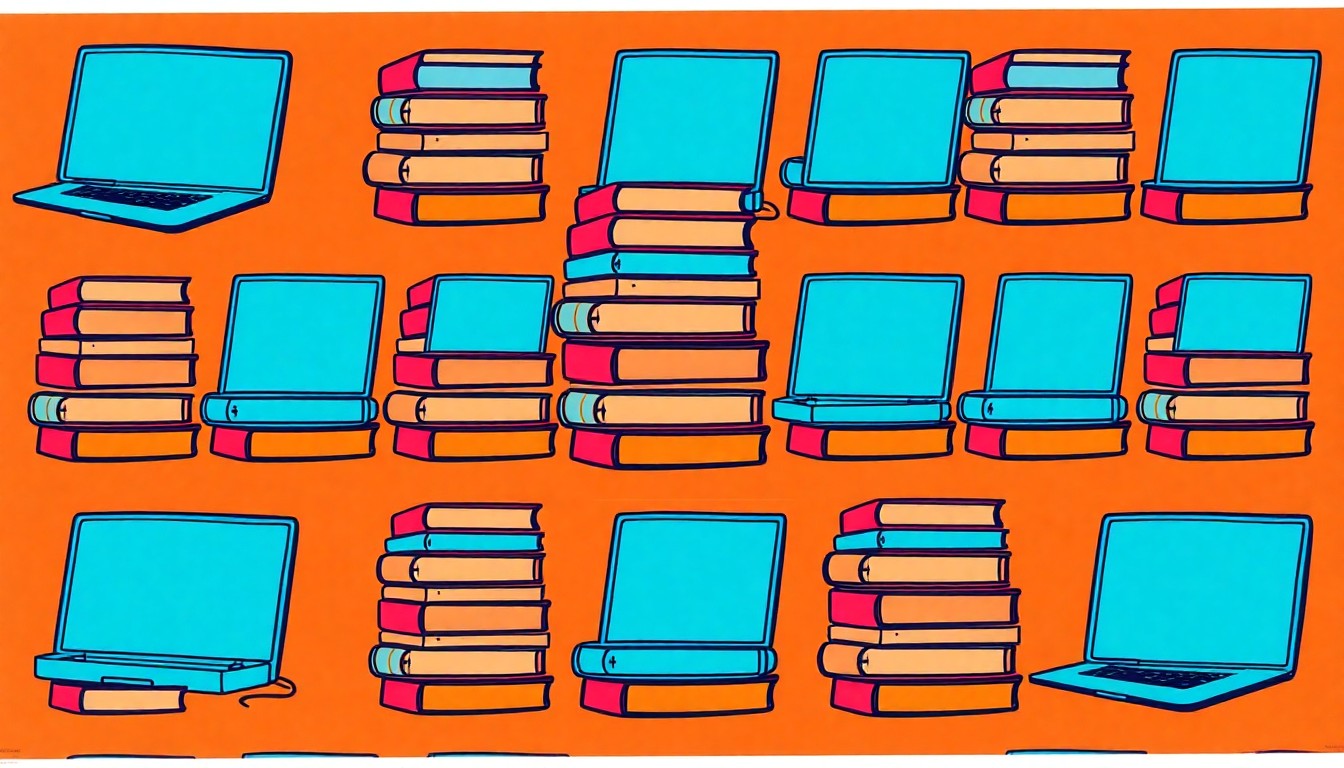 A bold, colorful silkscreen-style illustration featuring a repeating pattern of textbooks and a laptop computer, representing the educational focus of the new Micron Academic Building in Boise.