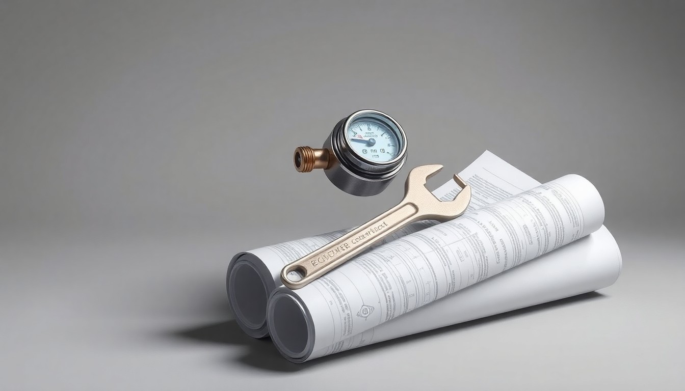 A minimalist studio still life photograph featuring a polished metal gas meter, a wrench, and a rolled blueprint, conceptually representing the abstract ideas of utility contracts, infrastructure management, and municipal negotiations.