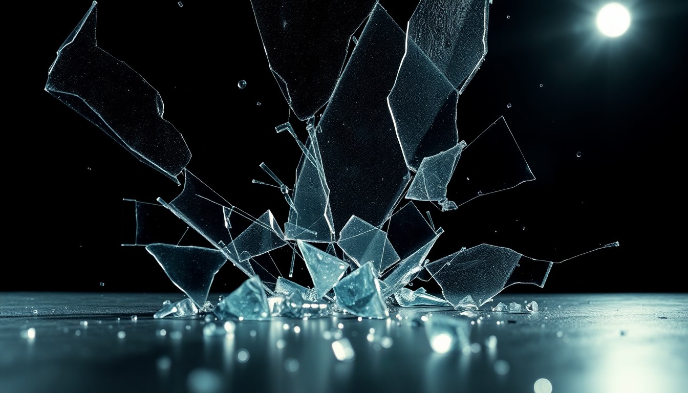 An extreme close-up photograph of shattered glass and chrome reflecting dramatic studio lighting, conceptually representing the dark and twisted nature of the New York Ripper character in the 'Dexter: Resurrection' series.