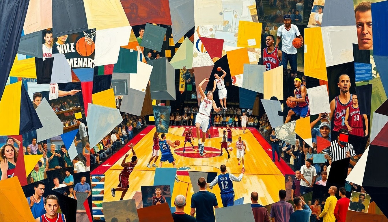 A cubist, geometric painting breaking down a basketball game into overlapping planes of color and shape, representing the chaotic aftermath of the Wizards' failed April Fools' Day prank.
