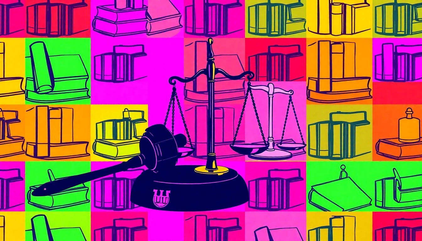 A bold, colorful silkscreen print featuring repeated images of a gavel, scales of justice, and law books in a grid pattern, representing the legal profession and the celebration of Asian-American achievements in this field.