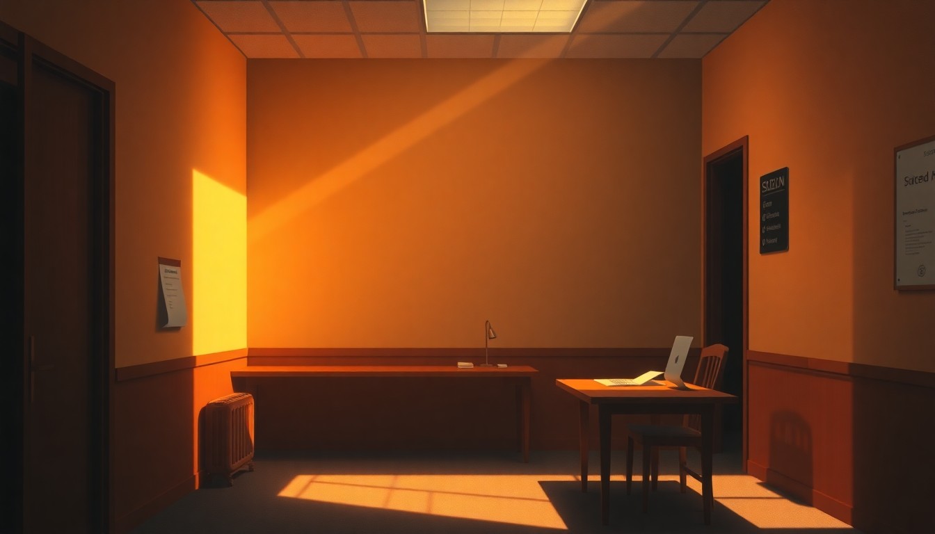 A softly lit, cinematic painting depicting a lone desk or office space related to student loans or financial aid, with warm sunlight casting deep shadows across the scene, conveying a sense of quiet contemplation around the complex issues at stake.