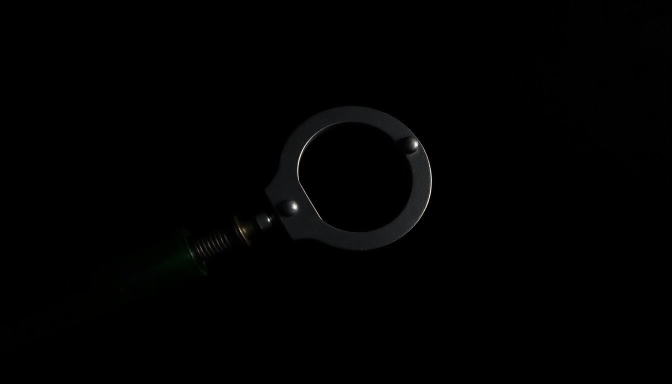 An extreme close-up photograph of a metal handcuff key, reflecting a bright flash of light against a dark background, conceptually representing the legal accountability for an elderly sexual abuser.