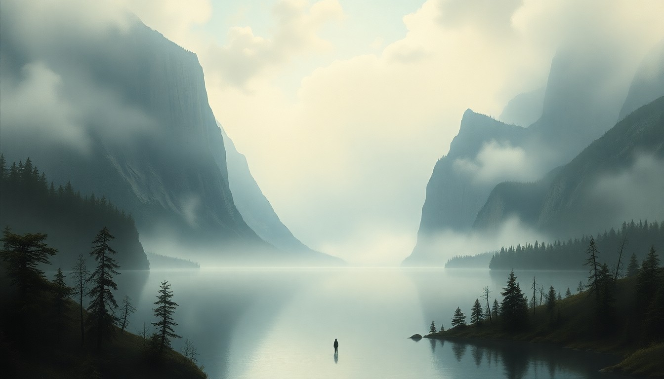 A sweeping, atmospheric landscape painting in muted tones of blue, green, and grey, depicting a vast, fog-shrouded lake surrounded by towering cliffs and trees, with a small human figure barely visible in the distance, conveying a sense of the sublime power of the natural world.