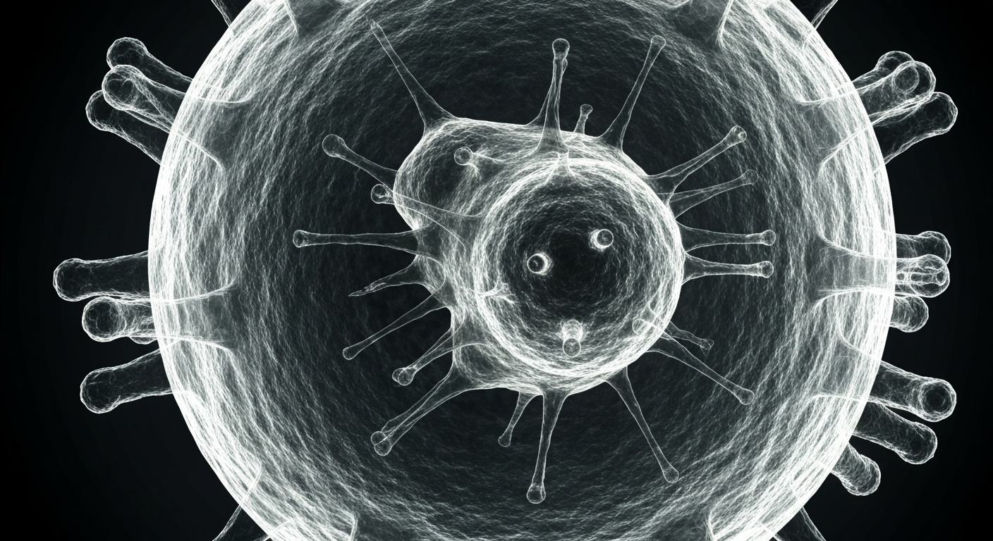 A highly detailed, translucent X-ray image of a rabies virus particle, revealing its complex internal structures in shades of white and gray against a dark background, conceptually illustrating the public health implications of the CDC's diagnostic testing pause.