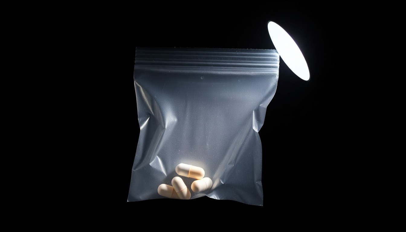 An extreme close-up of a small plastic evidence bag containing a single white pill capsule, dramatically lit by a harsh camera flash against a black background, conceptually illustrating the gritty realities of a drug-related death investigation.