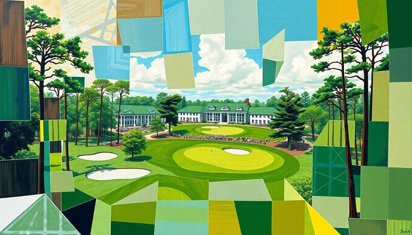 A cubist, geometric painting depicting the iconic Augusta National Golf Club and Masters Tournament in a fractured, multi-perspective style, capturing the changing dynamics of the sport without any identifiable elements.