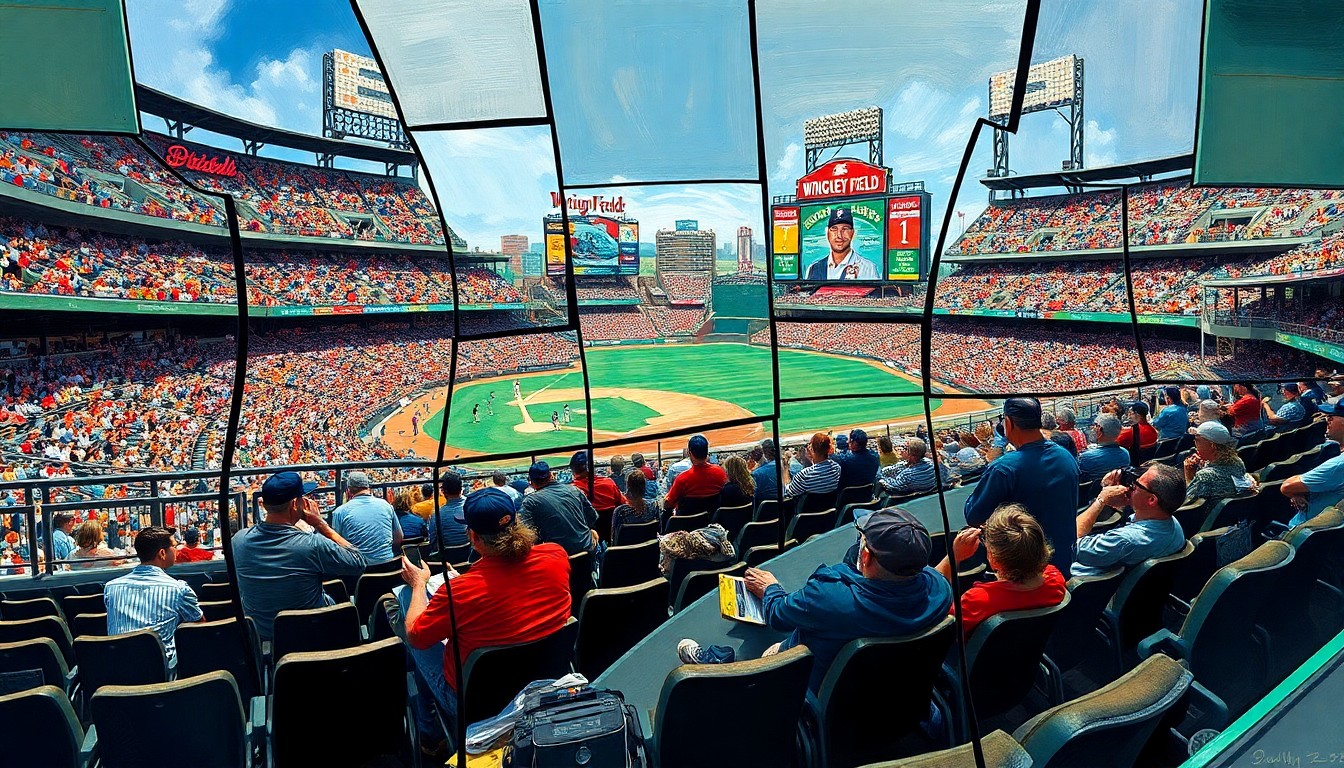 A cubist-style painting depicting a fragmented, geometric scene of baseball fans working on laptops in the stands of a baseball stadium, capturing the blending of modern work and sports culture.