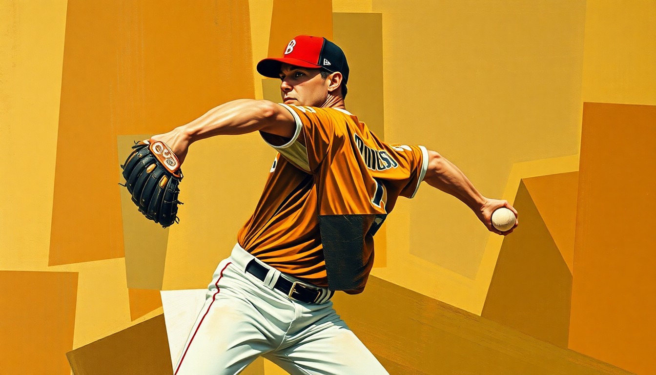 A fragmented, cubist-style painting depicting a baseball pitcher's motion broken down into sharp, geometric shapes in muted earth tones, conceptually representing the complexities and challenges Bauer faces in his comeback attempt.
