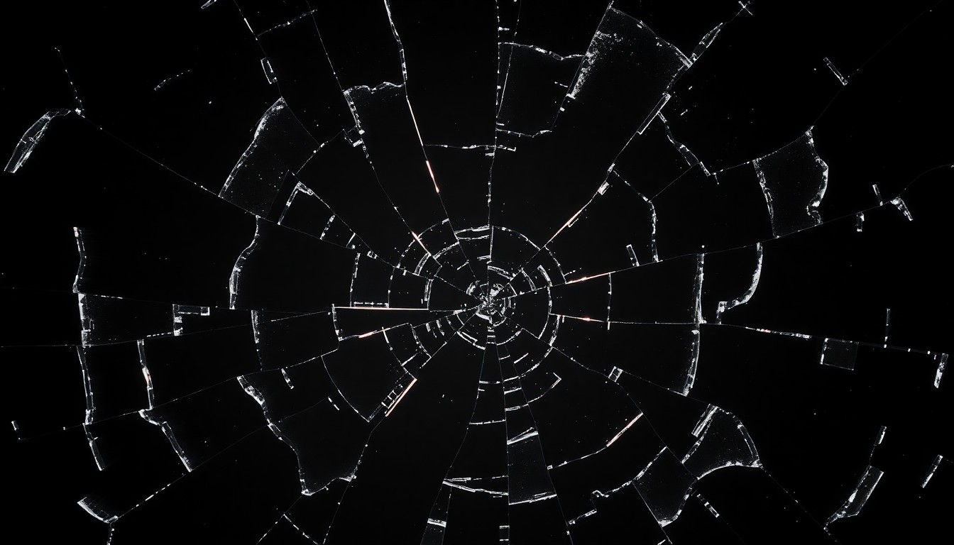 An extreme close-up of shattered glass texture in dramatic, high-contrast studio lighting, conceptually representing the dramatic changes and transitions in the cast of the medical drama series 'The Pitt'.