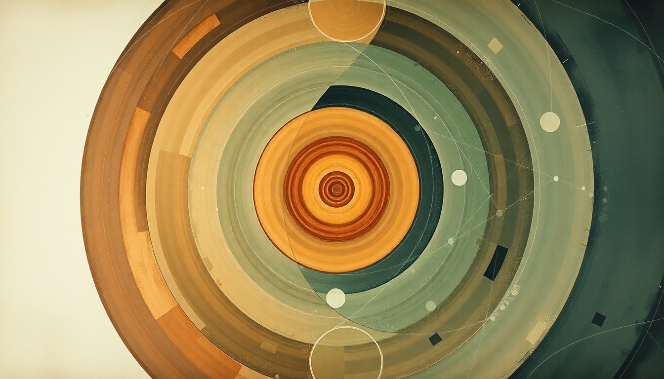 A highly structured abstract painting in earthy tones, featuring sweeping geometric arcs, concentric circles, and precise botanical spirals, conceptually representing the complex forces and concepts of the Artemis II space mission.