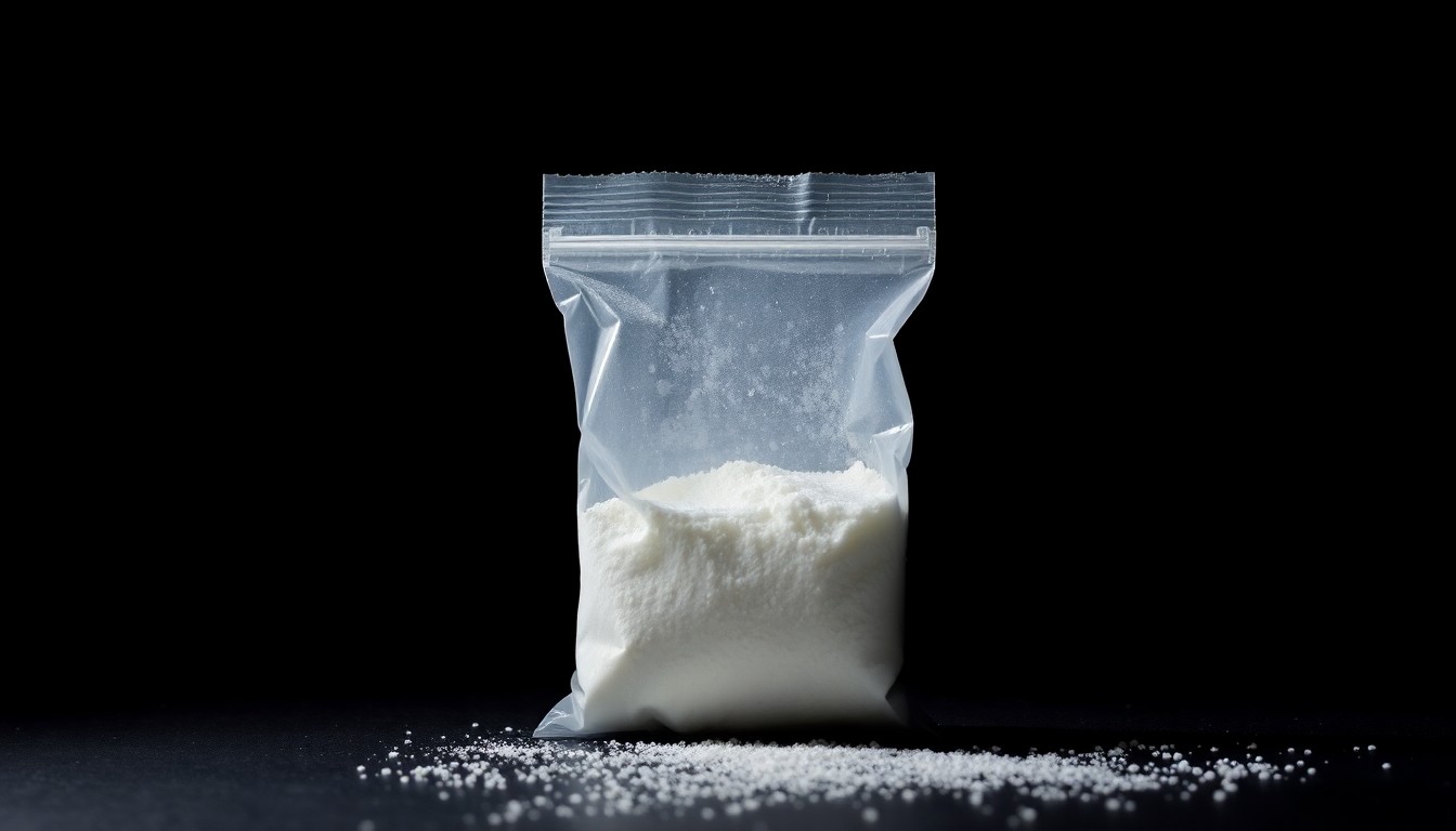 An extreme close-up photograph of a small plastic bag containing white crystalline powder, creating a stark, gritty, investigative aesthetic through the use of harsh, direct flash lighting against a pitch-black background.