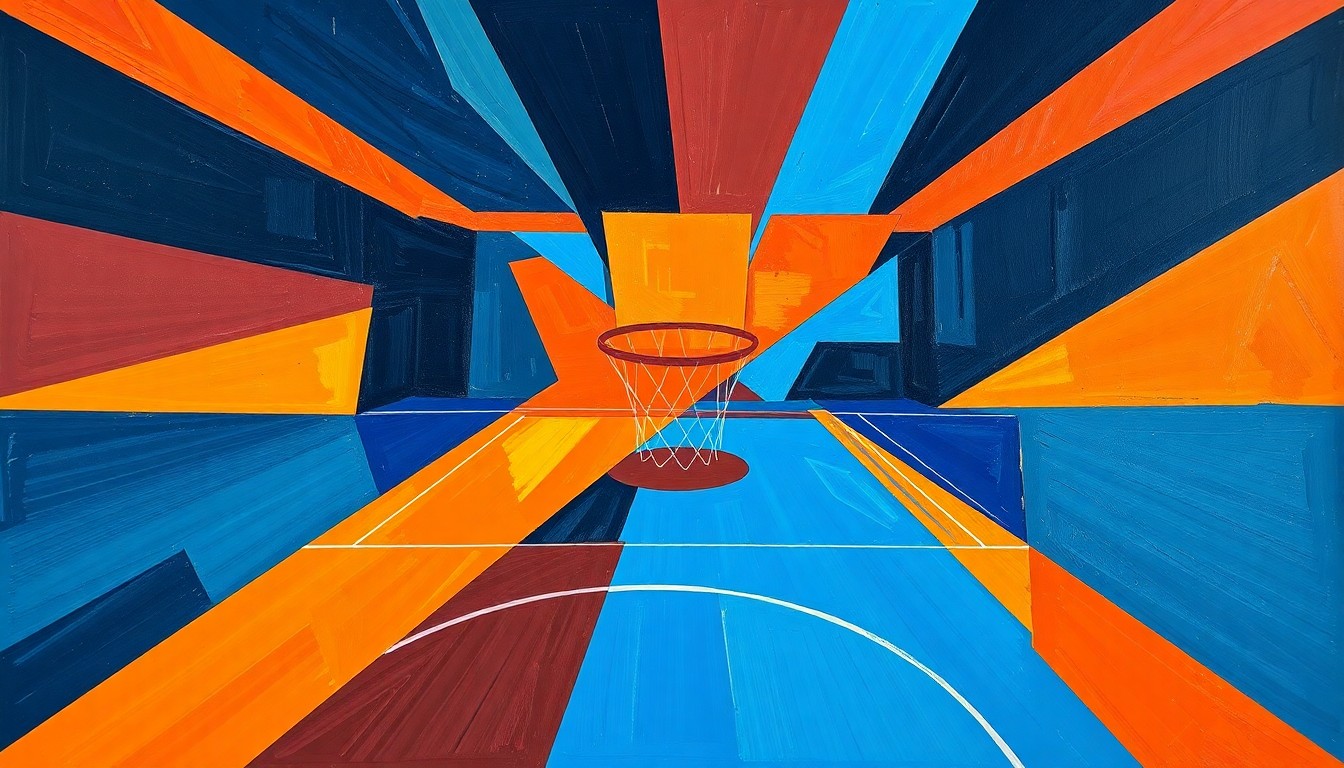 A fractured, cubist-style painting depicting a basketball game or match, with sharp geometric shapes and planes in a vibrant color palette, capturing the dynamic energy of the sport.
