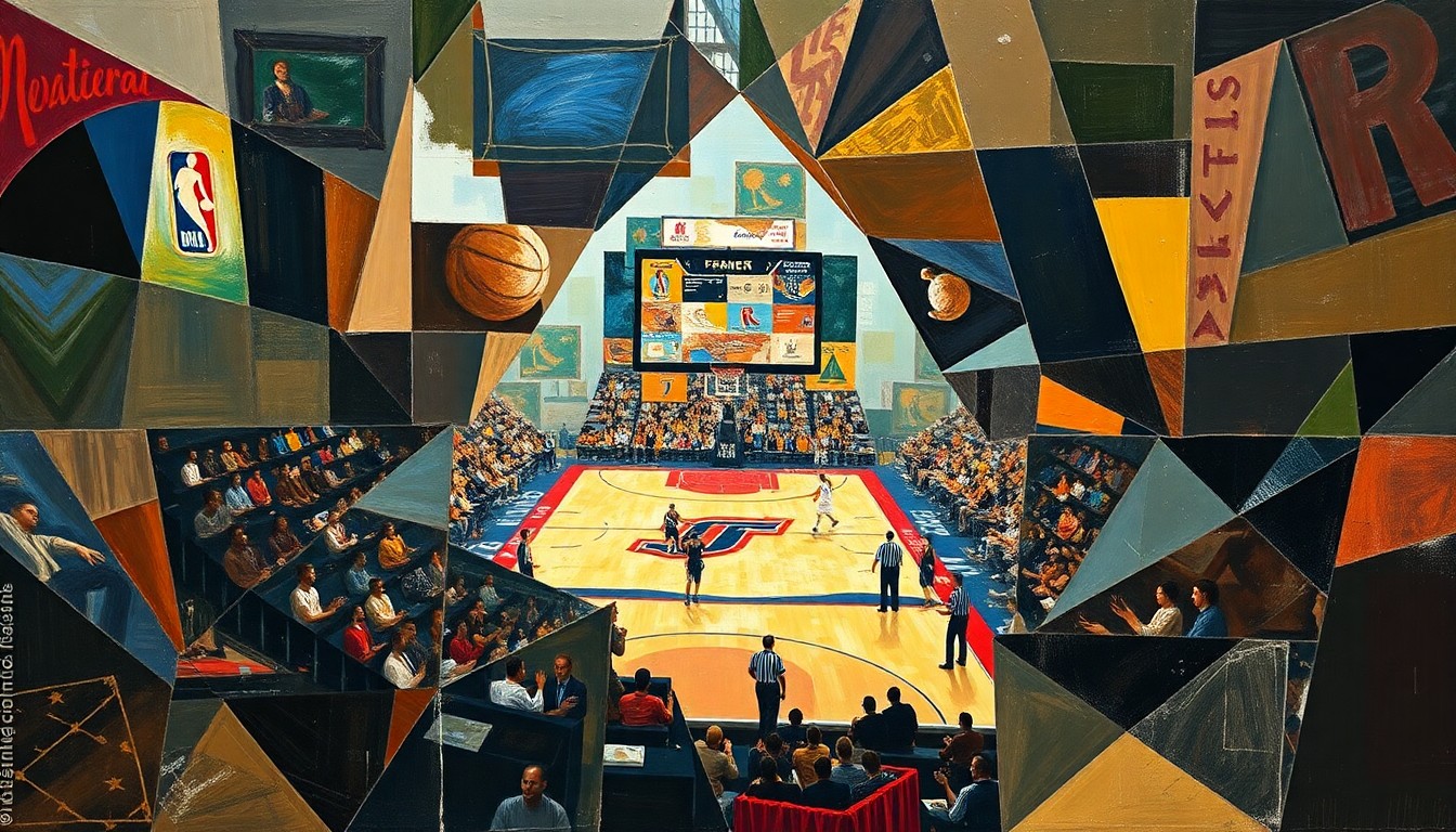 A cubist, geometric painting depicting a fragmented basketball court, with players and the ball broken down into sharp, overlapping shapes and planes, reflecting the uncertainty surrounding Tommy Lloyd's coaching future.