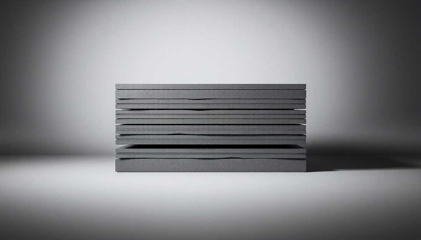 A high-end, photorealistic studio still-life photograph featuring a stack of thick steel plates in various shades of gray, arranged elegantly on a clean, monochromatic seamless background with dramatic lighting and deep shadows, conceptually representing the abstract dynamics of supply and demand in the steel industry.