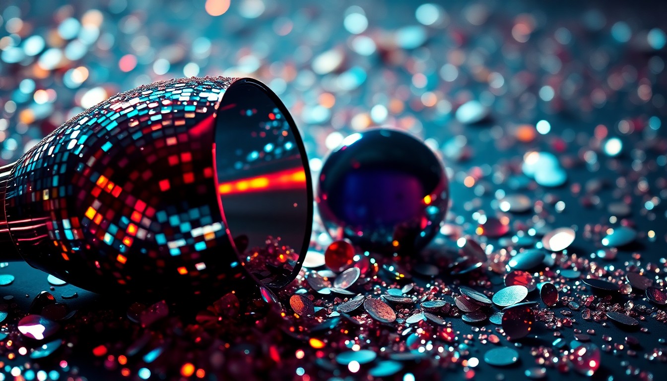 An extreme close-up photograph of shimmering sequins and shattered glass, creating a high-contrast, high-fashion texture that evokes the energy and glamour of a music festival.