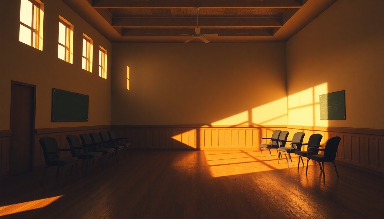 A dimly lit, cinematic painting of an empty school board meeting room, with warm sunlight streaming in through the windows and casting deep shadows across the chairs and tables, creating a contemplative and nostalgic mood.
