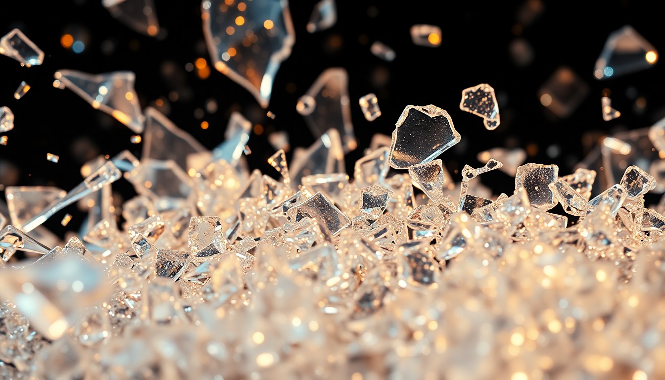 An abstract, high-contrast close-up photograph of shattered glass and glittering shards, conceptually representing the changes and challenges facing the entertainment industry.