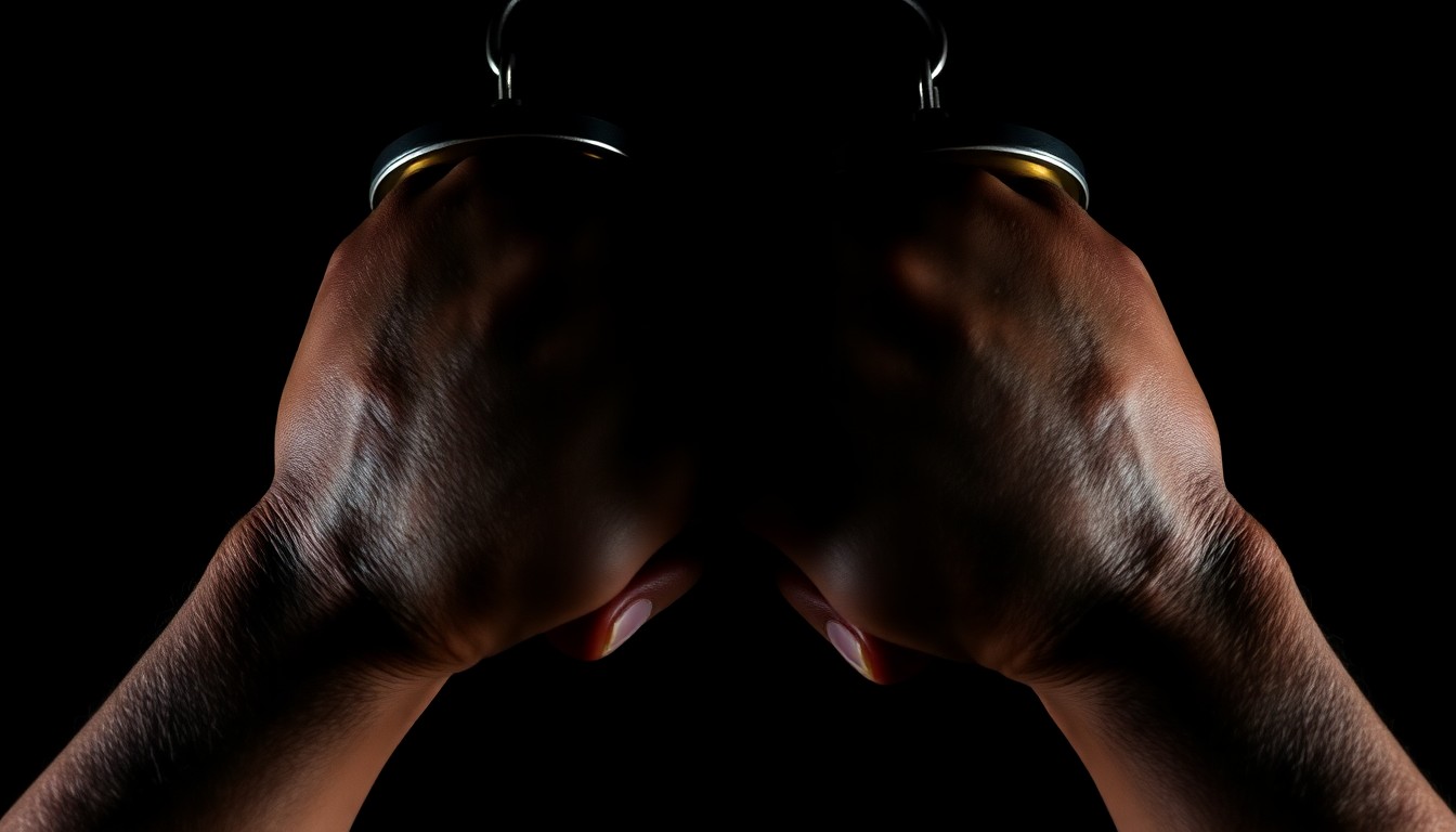 An extreme close-up photograph of a pair of handcuffed hands against a stark, black background, highlighting the gritty and serious nature of the arrests.