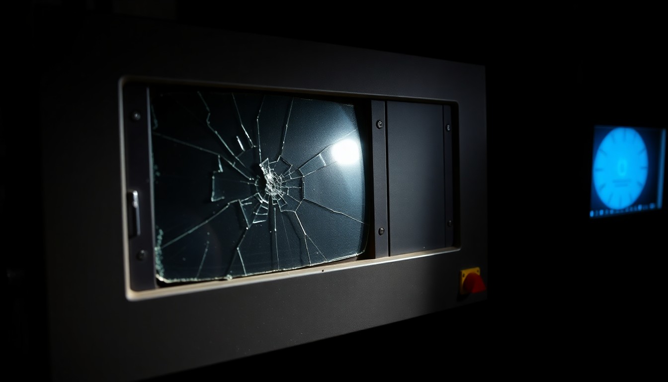 An extreme close-up of a damaged water treatment plant control panel, conveying the gritty, investigative aesthetic of a crime scene photograph.