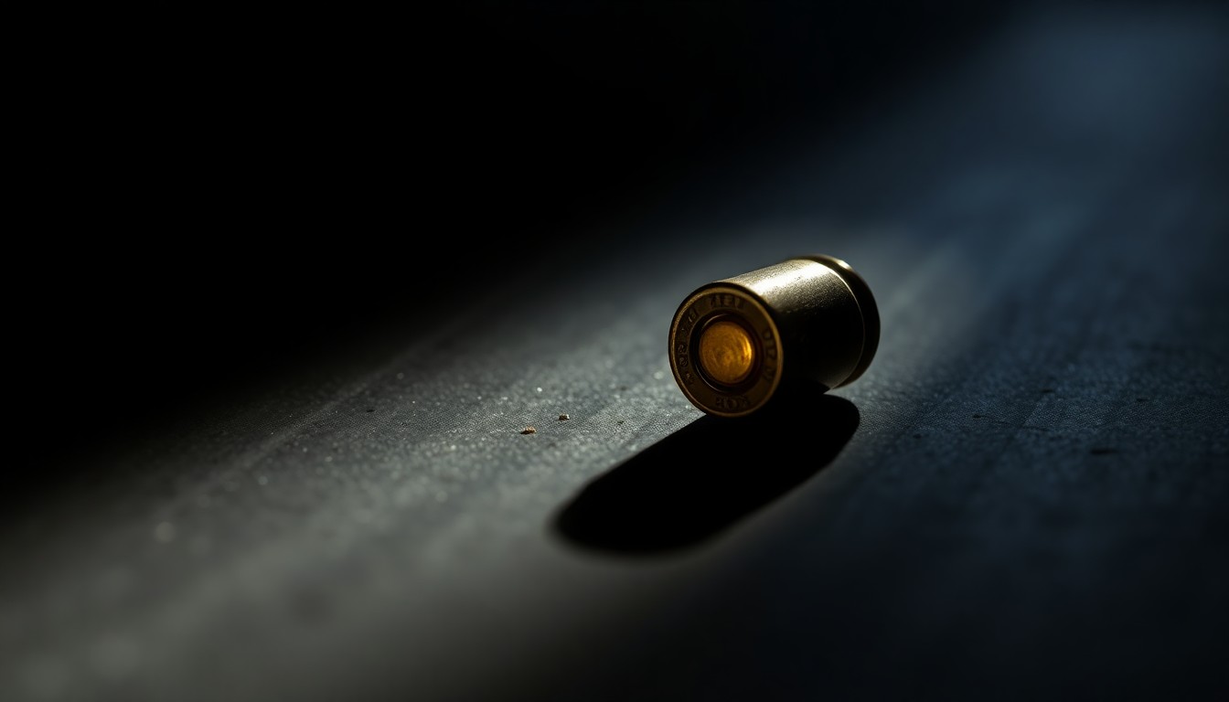 An extreme close-up photograph of a single spent bullet casing on a dark, shadowy surface, lit by a harsh, direct camera flash, conceptually illustrating the aftermath of a deadly shooting incident.