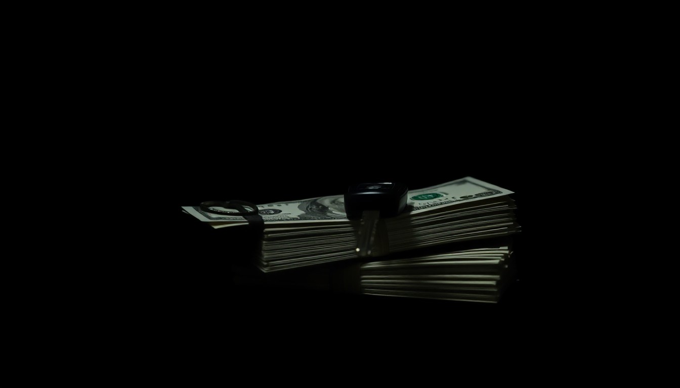 An extreme close-up photograph of a car key and a stack of cash, lit by a harsh, direct camera flash against a pitch-black background, conceptually representing the misuse of public property and improper financial gains at the expense of taxpayers.