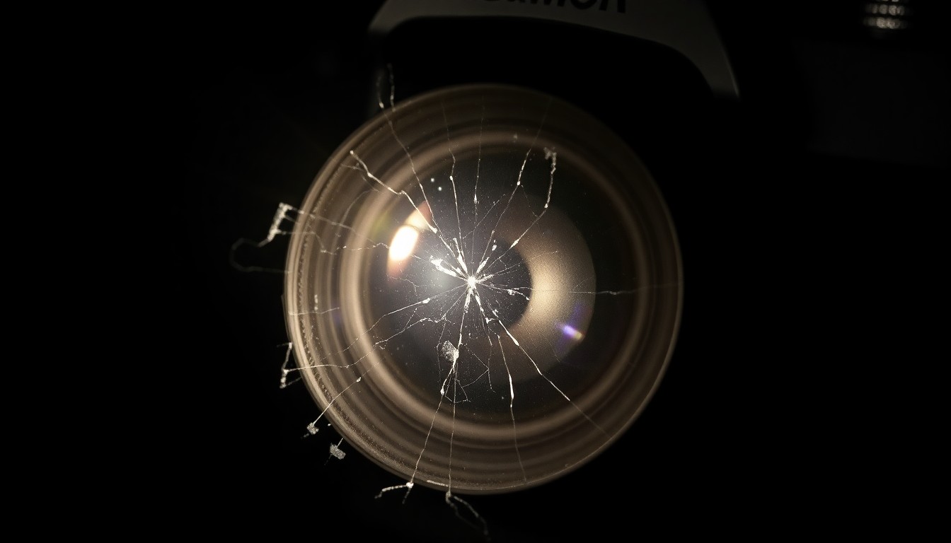 An extreme close-up photograph of a cracked and damaged camera lens, lit by a harsh, direct camera flash against a pitch-black background, conceptually representing the dangers journalists face when covering volatile crime scenes.