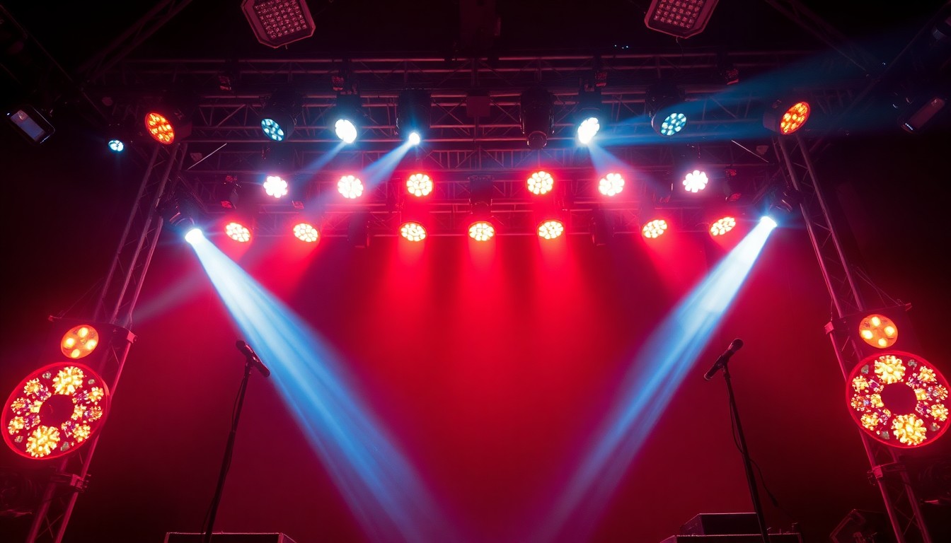An extreme close-up of sparkling stage lights and audio equipment, capturing the glamour and energy of a country music performance.