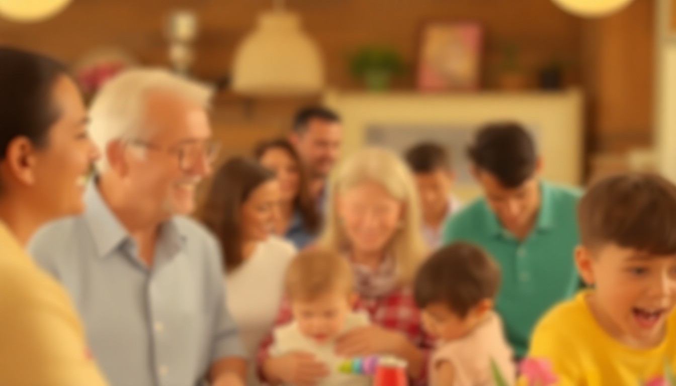 An extremely abstracted, out-of-focus photograph in soft pools of warm color and light, depicting a blurred scene of a family gathering or community event.