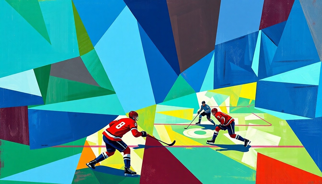 A fragmented, geometric painting depicting a hockey game, with players and the puck represented through angular, overlapping shapes in a bold color scheme, conveying the fast-paced action and tactical nature of the sport.