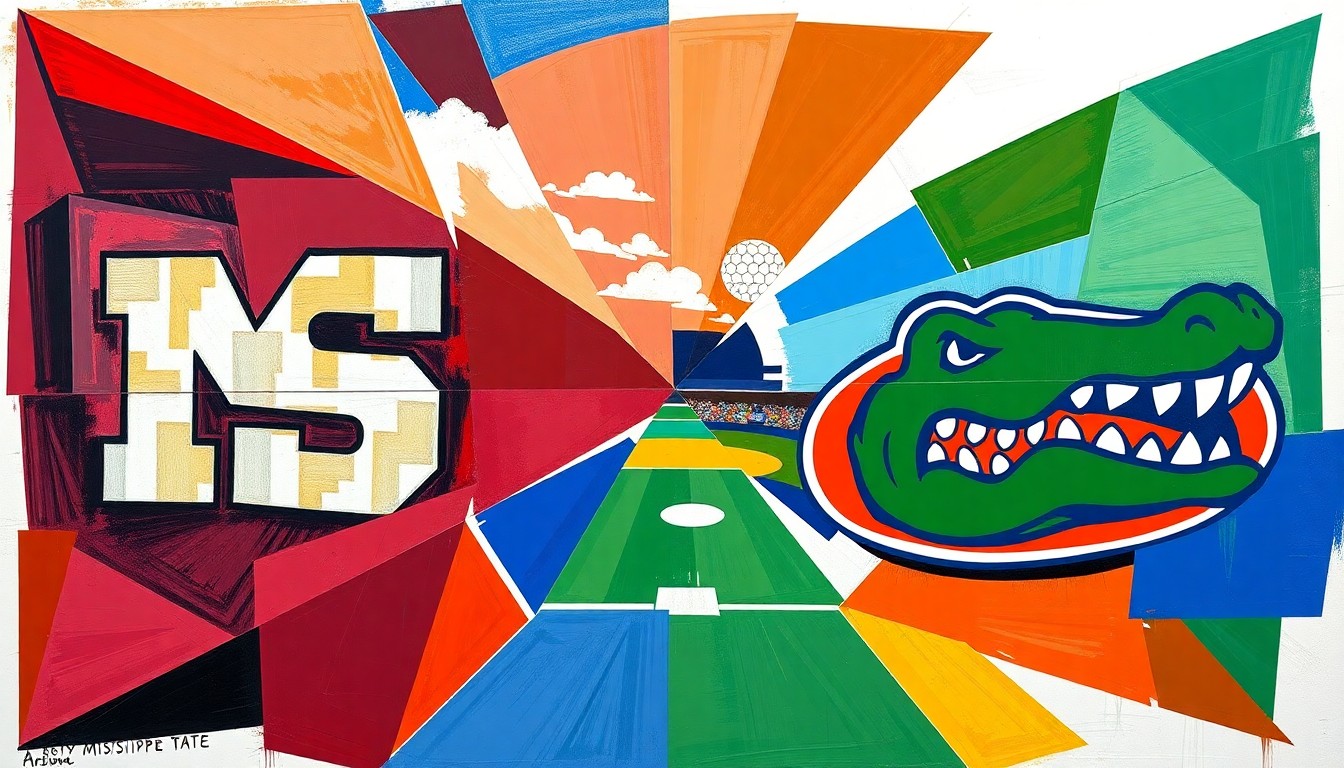 A fragmented, geometric painting in bold colors representing a softball game between two teams, with the players and field broken down into sharp, overlapping planes.