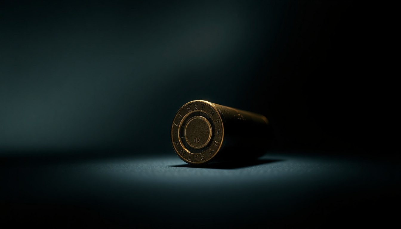 An extreme close-up of a single bullet casing against a pitch-black background, creating a stark, gritty, investigative aesthetic through the use of harsh, direct flash photography.