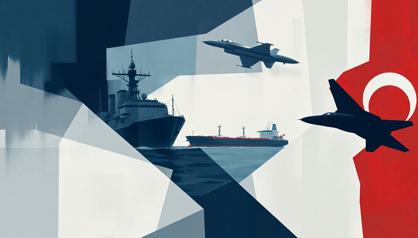 A dynamic, abstract painting featuring overlapping, fragmented shapes and lines in shades of blue, gray, and red, conceptually representing the chaos and conflict surrounding the Strait of Hormuz and the precarious state of the NATO alliance.