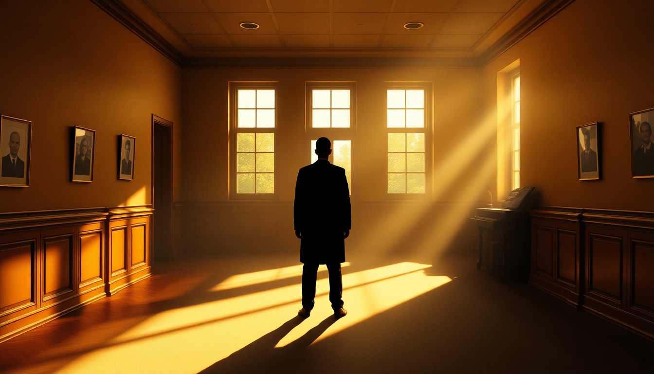 A cinematic painting in the style of Edward Hopper, depicting a solitary figure standing alone in an empty, dimly lit government office space, bathed in warm, diagonal sunlight and deep shadows, conceptually representing the political tensions and isolation surrounding the Tina Peters election fraud case.