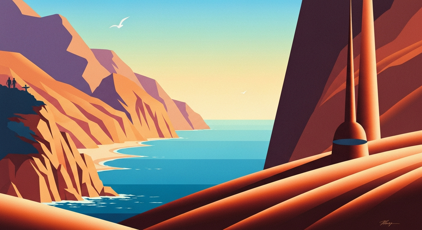 A bold, geometric illustration depicting a towering, stylized coastal landscape with smooth gradients of blues and greens, capturing the grand scale and romance of travel without any literal depictions of people or text.