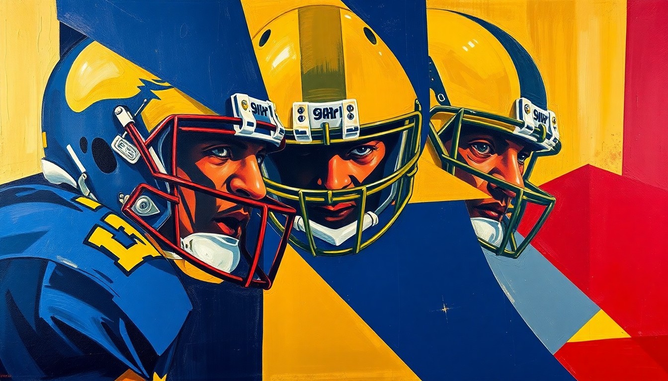 A fragmented, cubist-style painting depicting an offensive line, with players' bodies and equipment broken down into overlapping geometric shapes in shades of navy, gold, and crimson, conveying the intensity and competition of the position battle.