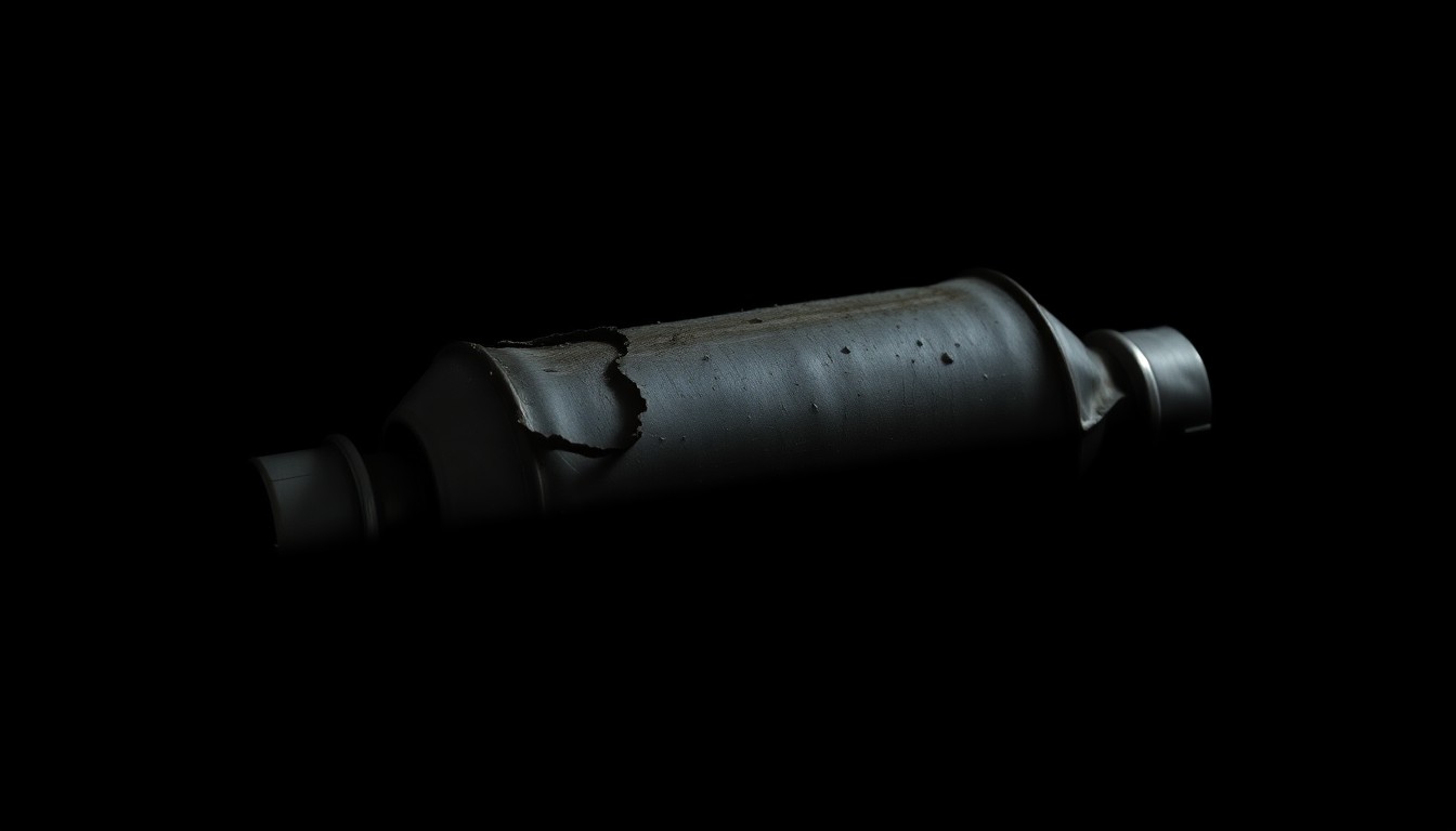 An extreme close-up photograph of a damaged catalytic converter, its metal surface reflecting the harsh light of the camera flash against a pitch-black background, conceptually representing the investigative nature of this property crime case.