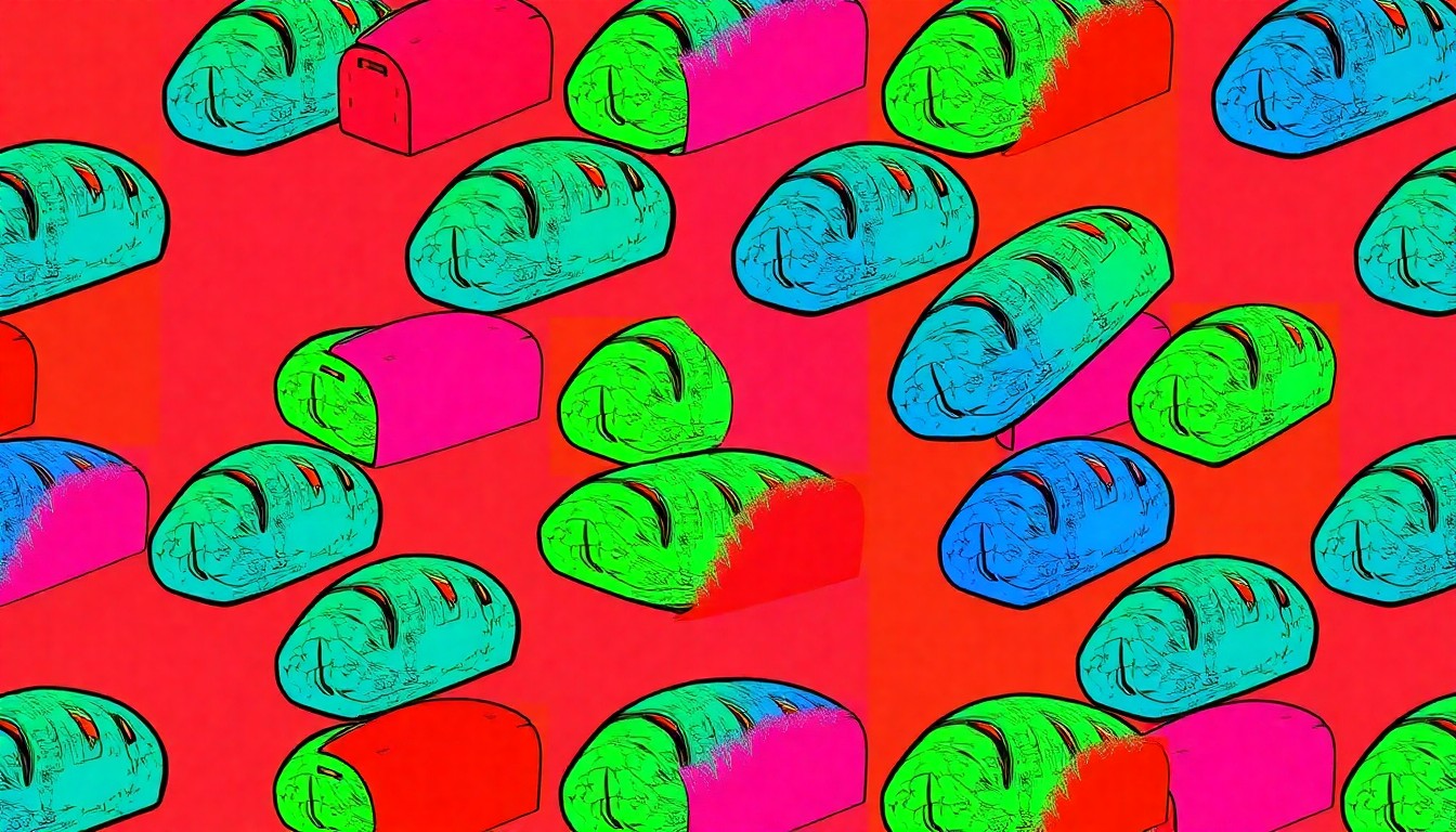 A bold, graphic illustration featuring a repeated pattern of a single, iconic artisanal bread item in vibrant, neon-like colors, capturing the playful and visually striking nature of Studio Estepan's baked goods.