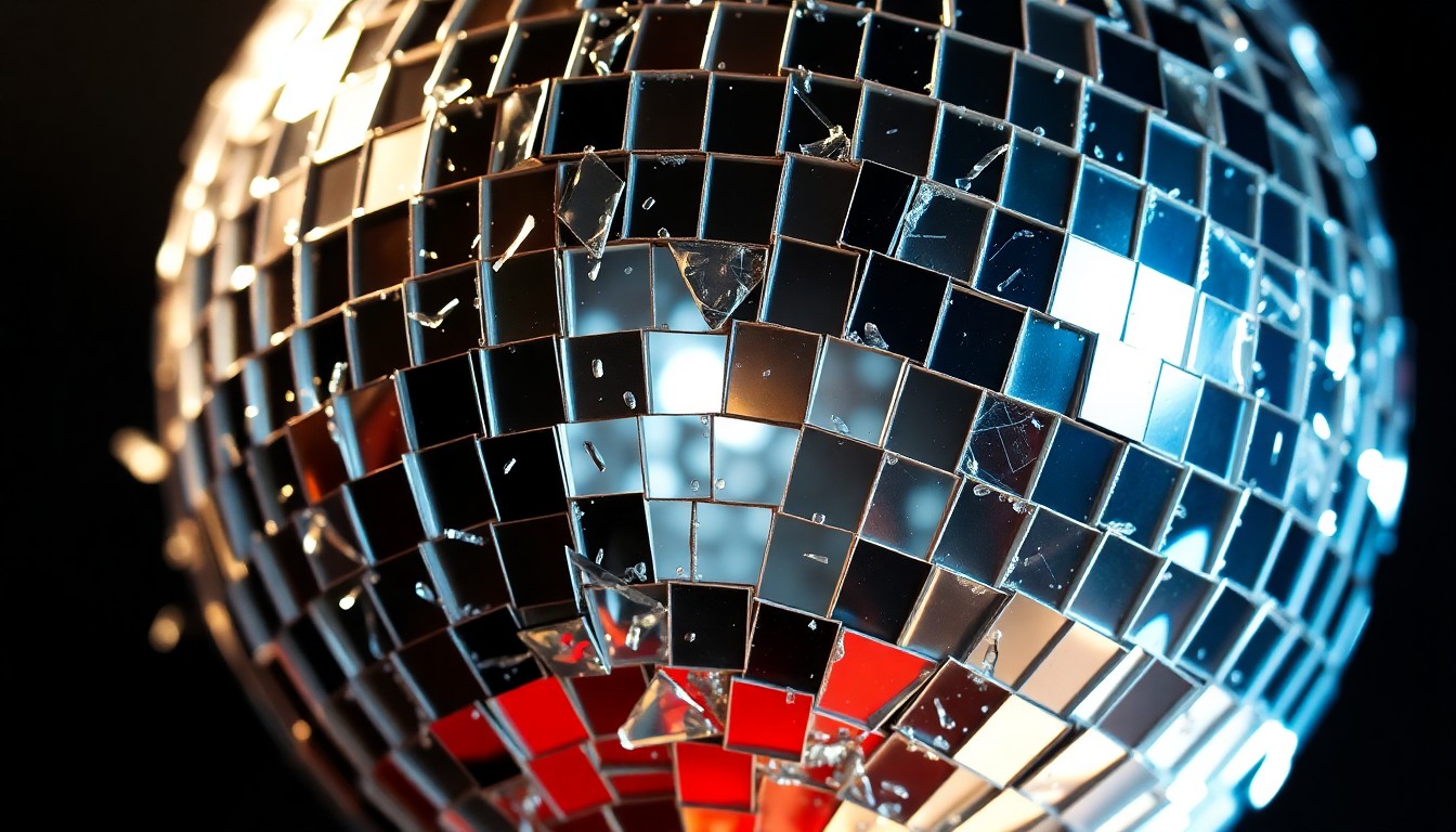 An extreme close-up of shattered, glittering disco ball glass reflecting dramatic studio lighting, conceptually representing the iconic status of Buffy the Vampire Slayer despite the dated nature of its pilot episode.