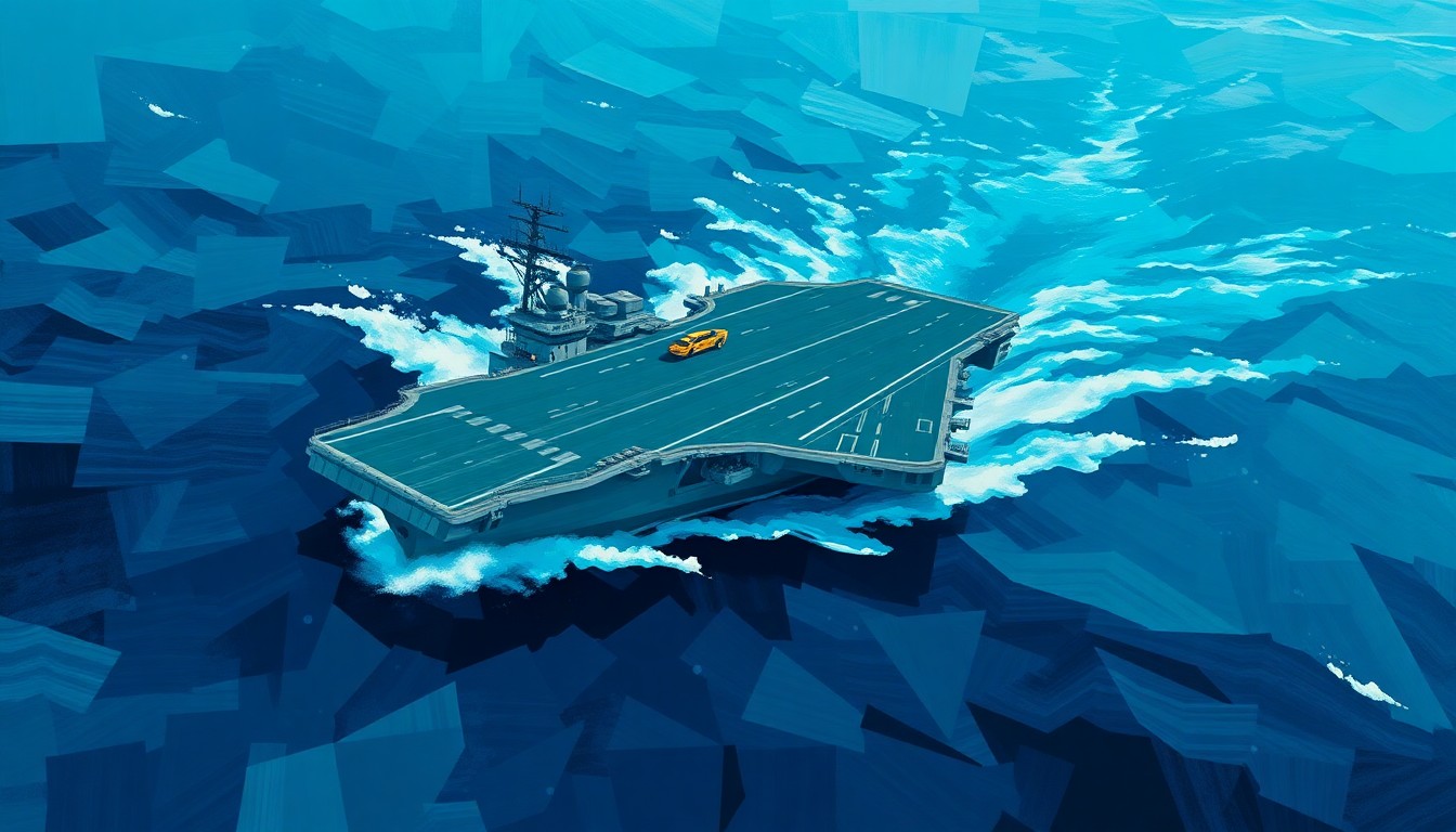 A conceptual illustration featuring overlapping, fractured geometric shapes in shades of blue and teal, representing the motion and power of a Nimitz-class aircraft carrier surging through the ocean.