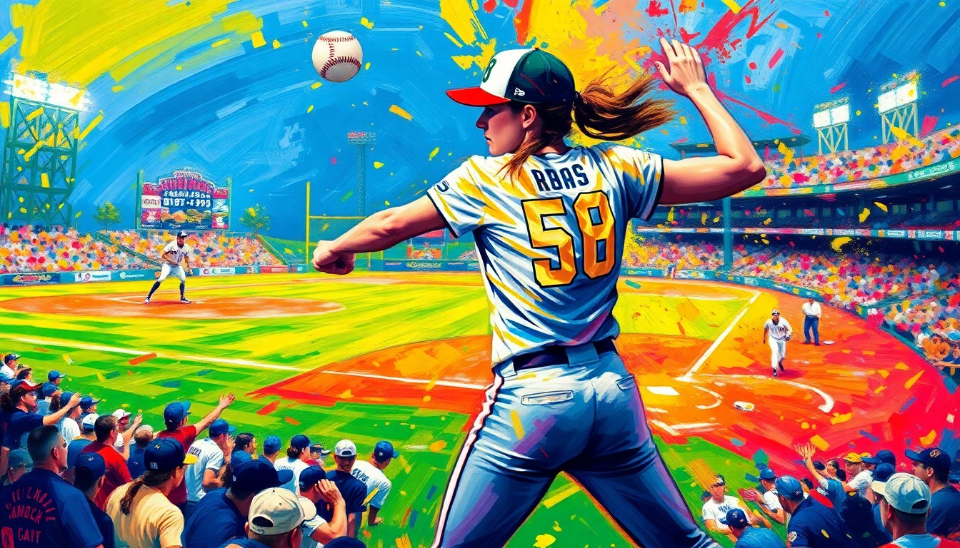 An abstract, expressionist painting in vibrant neon colors depicting the dynamic motion of Kendall Long throwing a baseball, with the stadium and other elements dissolving into a blur of energetic brushstrokes.